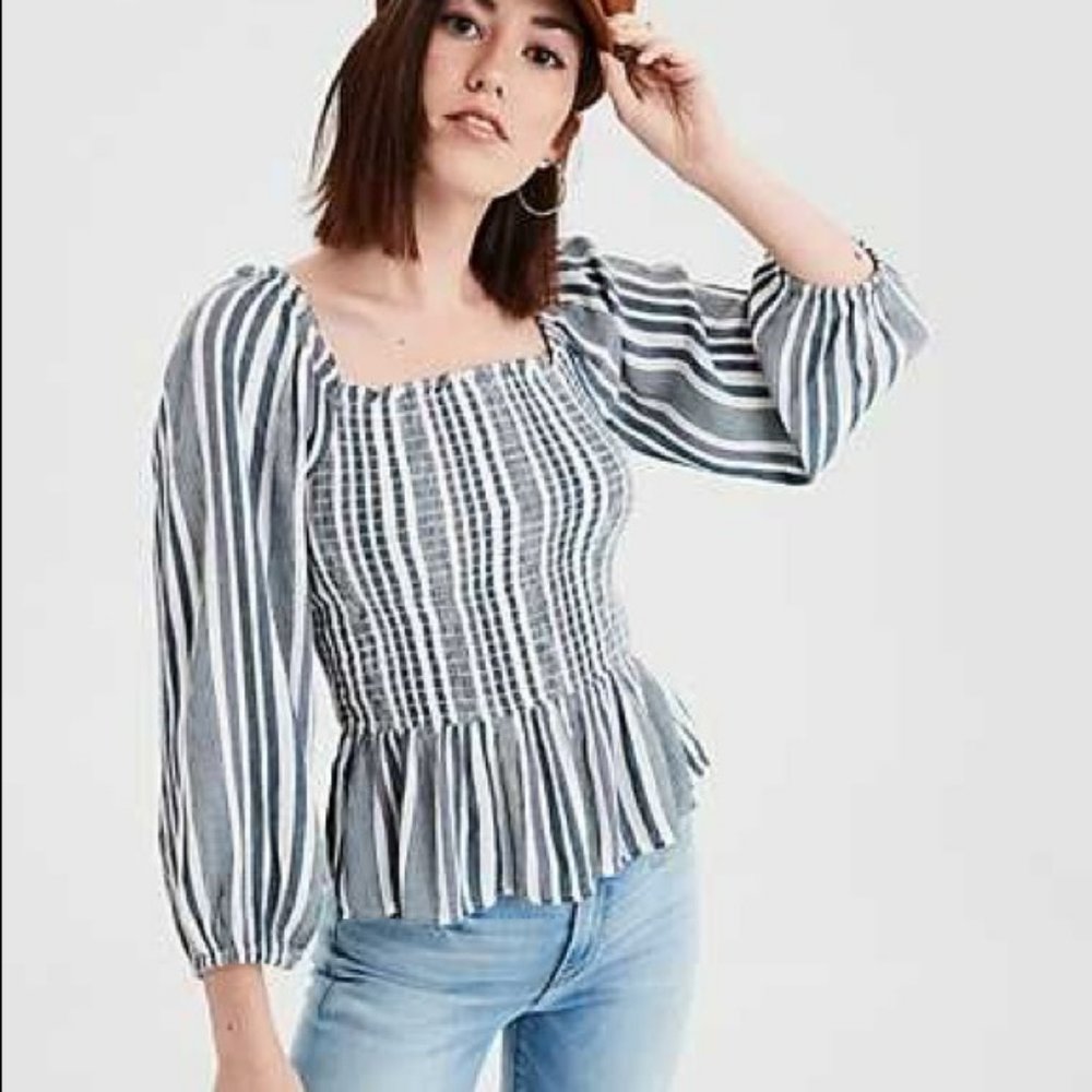 American Eagle Smocked 3/4 Sleeve Blouse Striped Peplum Top White Blue XS